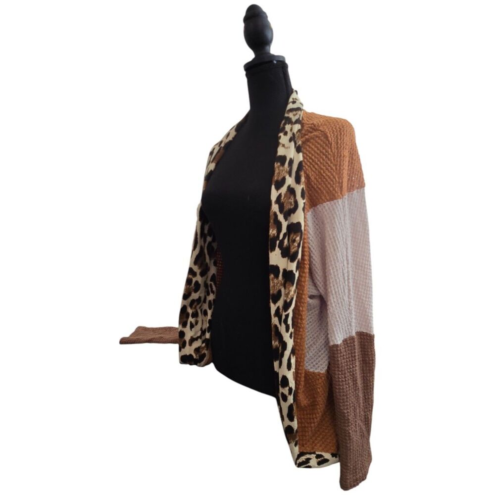 ANDTHEWHY Leopard Colorblock Open Cardigan Brown Cream Medium
